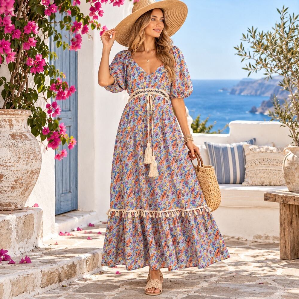 AddConfdt Milkmaid Maxi Dress Sz L Boho Cottagecore Puff Sleeve Crochet Tassel